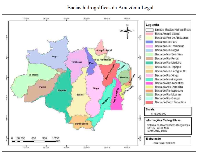 Mapa das bacias hidrográficas da Amazônia Legal, com legendas coloridas por bacia. Fonte: ANA (2006); elaboração: Laila Rover Santana.