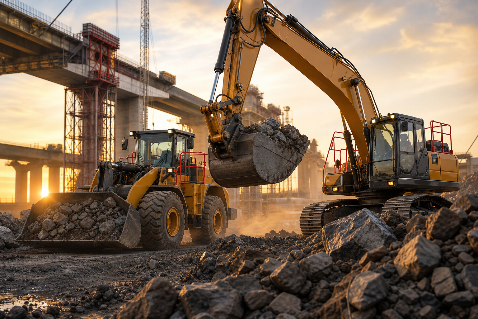 Máquinas e equipamentos de construção e mineração em canteiro de obras